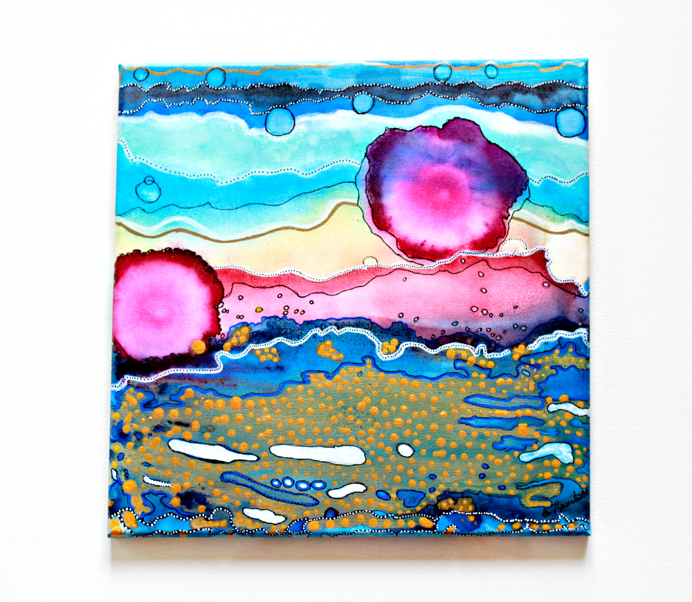 Abstract Blue Pink Gold surreal painting