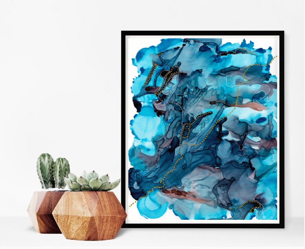 blue turquoise abstract ink painting